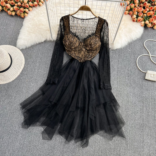 Simple Irregular Lace Dress Long Sleeve Fashion Dress RF0138