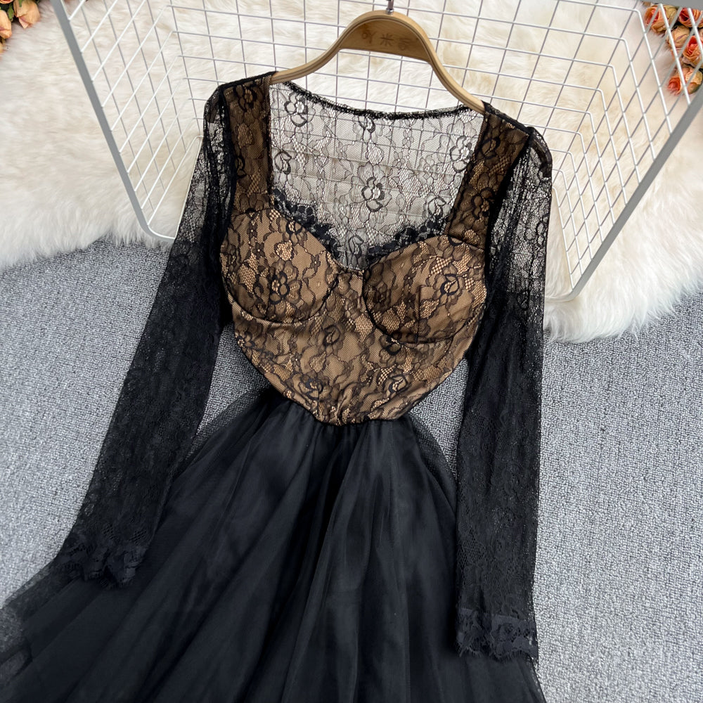 Simple Irregular Lace Dress Long Sleeve Fashion Dress RF0138