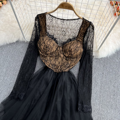 Simple Irregular Lace Dress Long Sleeve Fashion Dress RF0138
