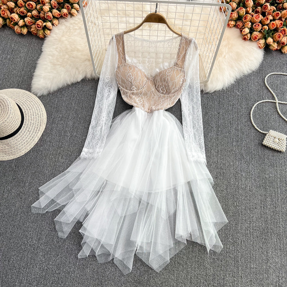 Simple Irregular Lace Dress Long Sleeve Fashion Dress RF0138