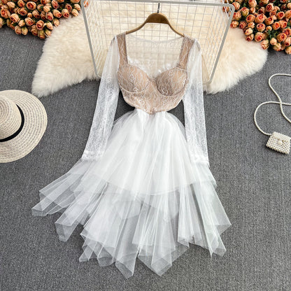 Simple Irregular Lace Dress Long Sleeve Fashion Dress RF0138