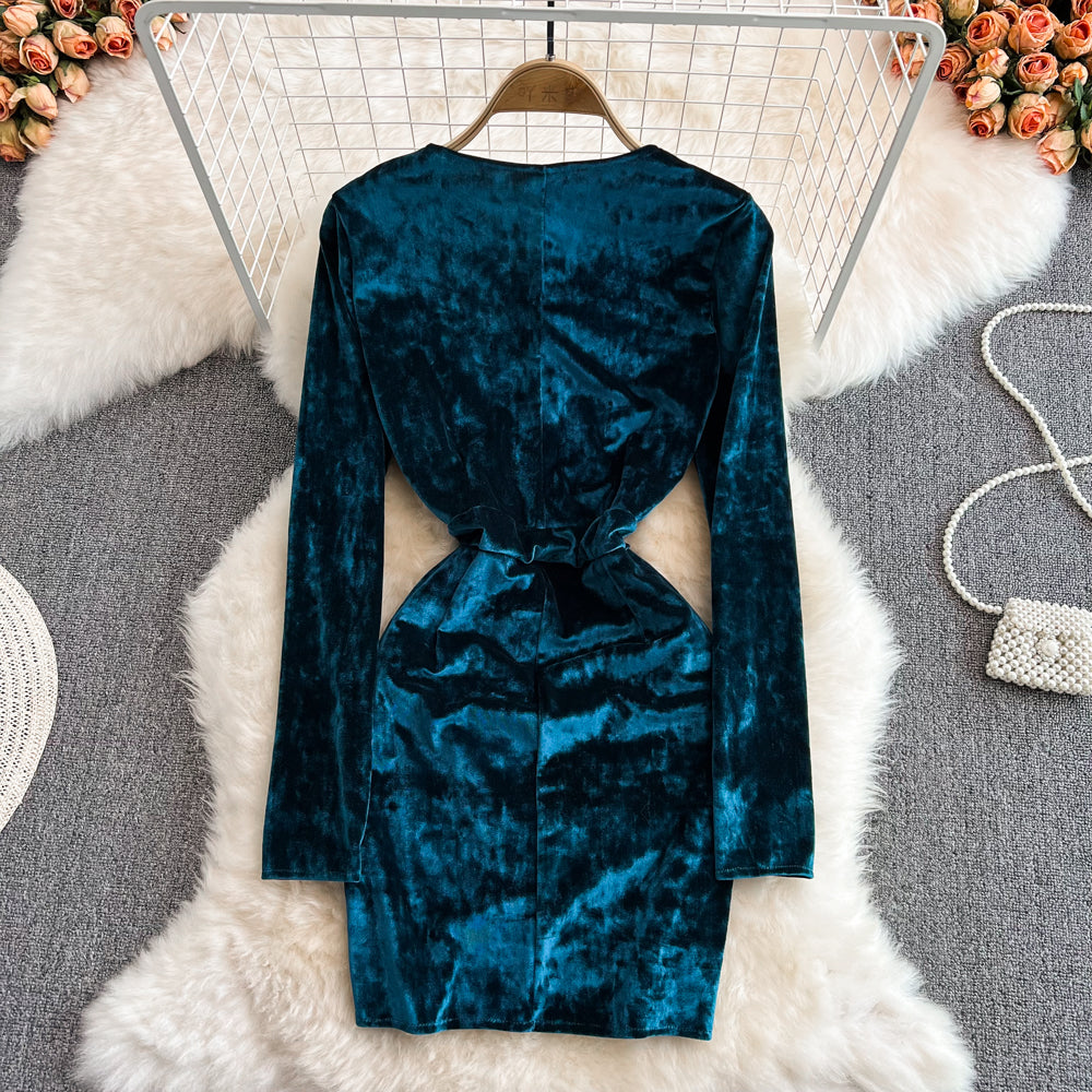 Sexy V neck Velvet Short Dress Fashion Dress RF0137