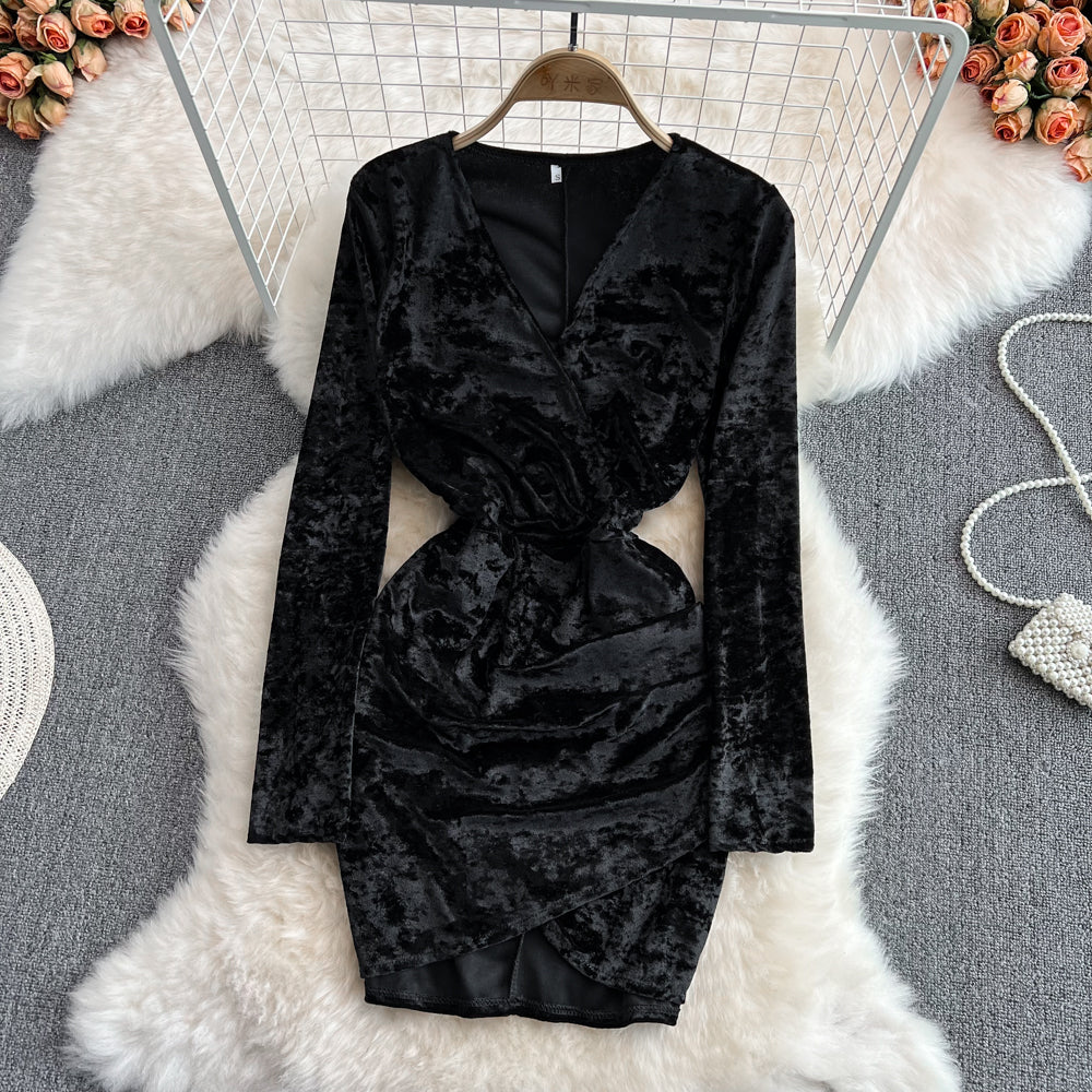 Sexy V neck Velvet Short Dress Fashion Dress RF0137