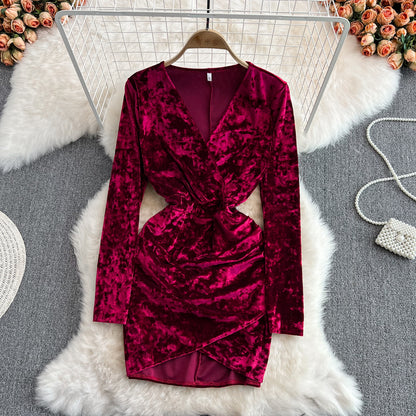 Sexy V neck Velvet Short Dress Fashion Dress RF0137