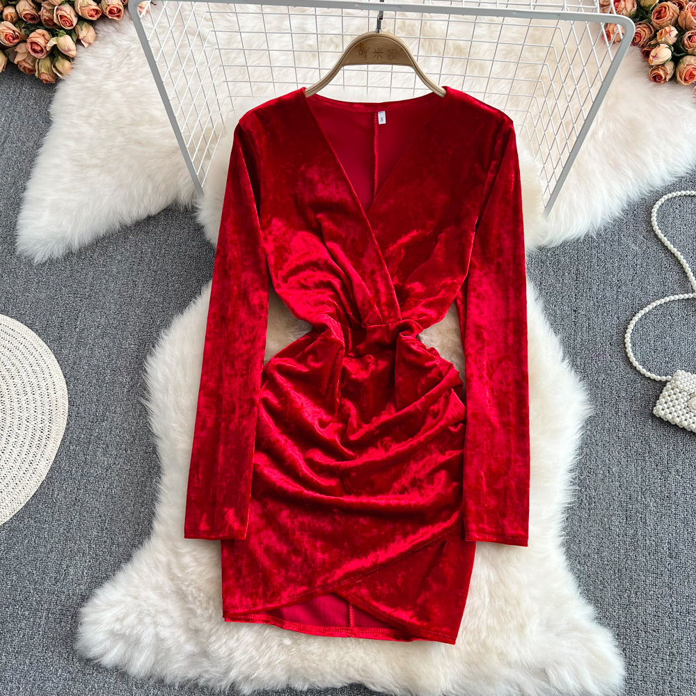 Sexy V neck Velvet Short Dress Fashion Dress RF0137