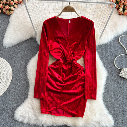 Sexy V neck Velvet Short Dress Fashion Dress RF0137