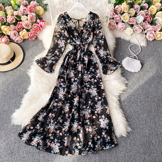 Simple V Neck Floral Dress A Line Fashion Dress RF0135