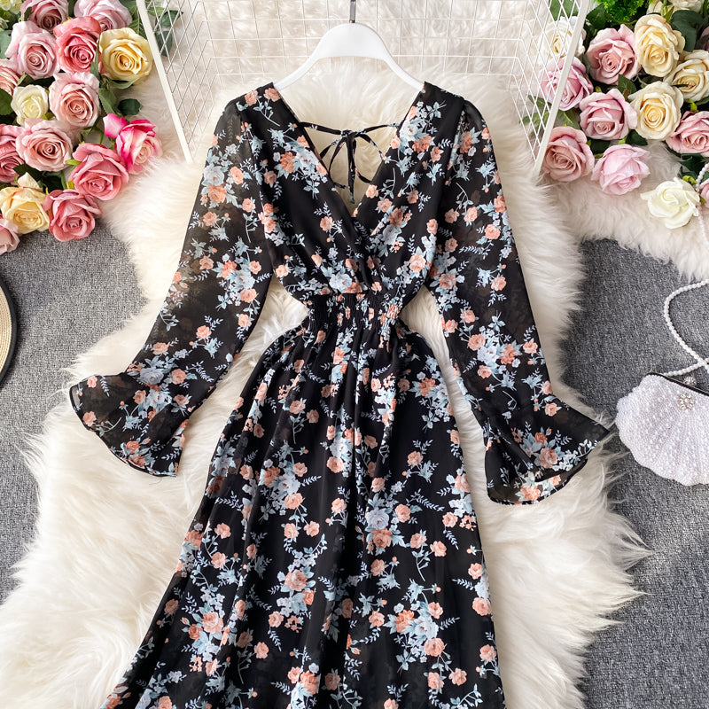 Simple V Neck Floral Dress A Line Fashion Dress RF0135