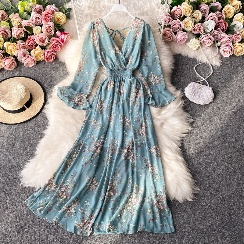 Simple V Neck Floral Dress A Line Fashion Dress RF0135