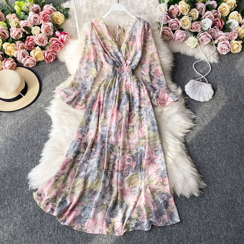 Simple V Neck Floral Dress A Line Fashion Dress RF0135