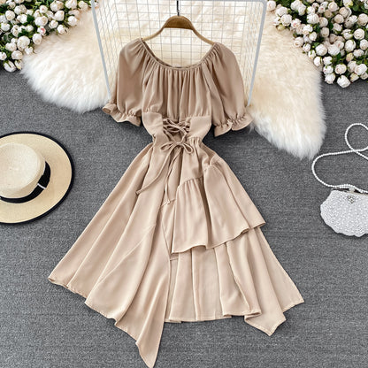 Simple Lace-up Dress With Irregular Dress RF0134