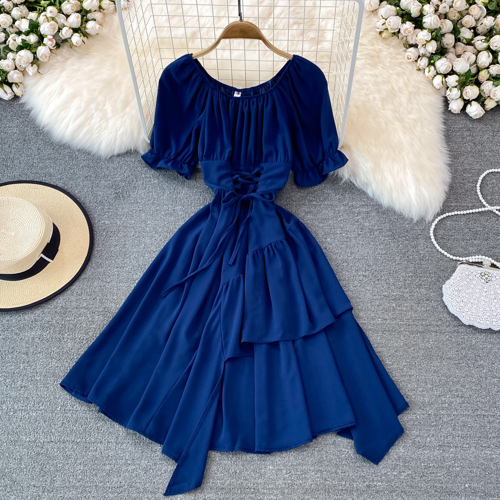 Simple Lace-up Dress With Irregular Dress RF0134