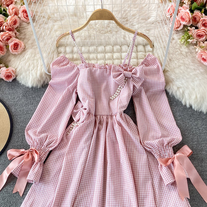 Cute Checkered Bow Long Sleeve Dress Fashion Dress RF0132