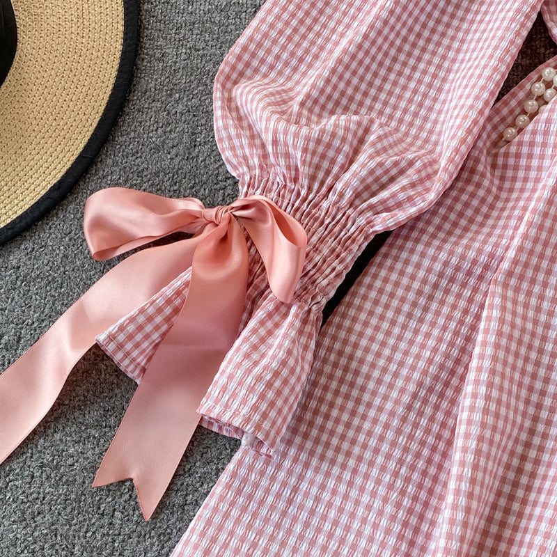 Cute Checkered Bow Long Sleeve Dress Fashion Dress RF0132