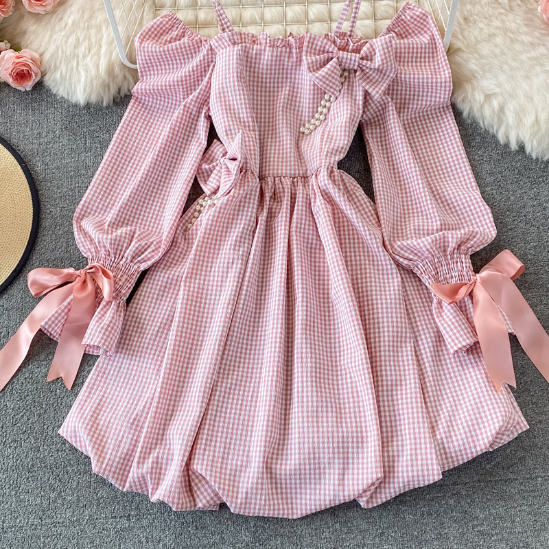 Cute Checkered Bow Long Sleeve Dress Fashion Dress RF0132
