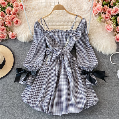 Cute Checkered Bow Long Sleeve Dress Fashion Dress RF0132