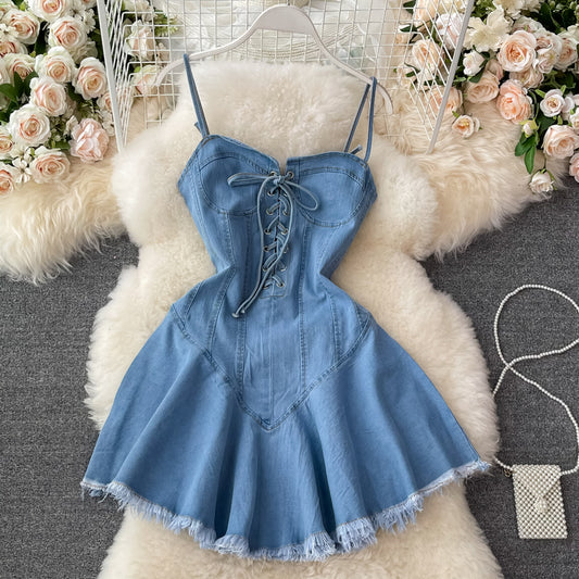 Cute Lace-up Denim Dress A Line Fashion Dress RF0131