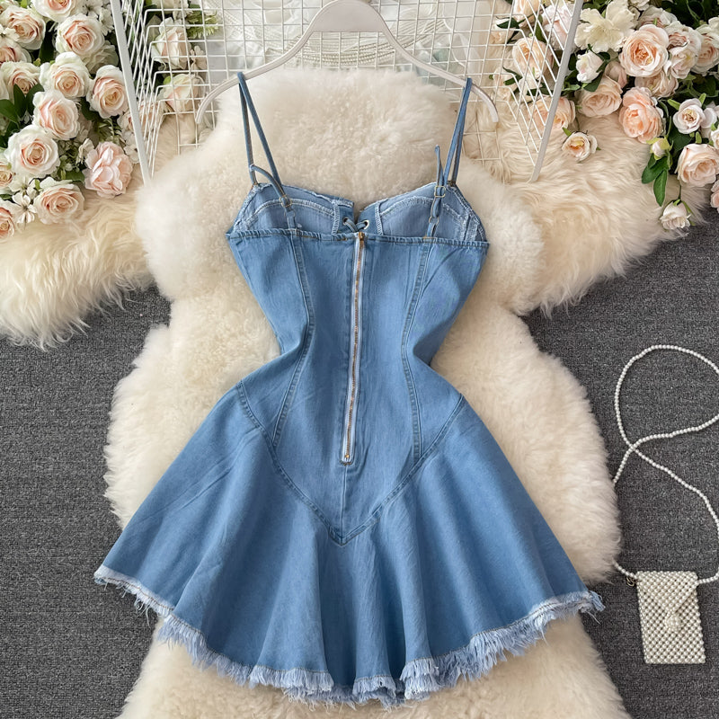Cute Lace-up Denim Dress A Line Fashion Dress RF0131