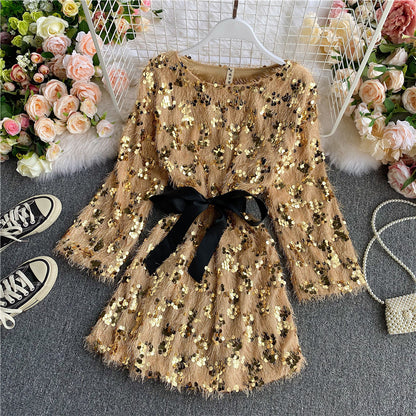 Cute Sequins Short Dress Long Sleeve Fashion Dress RF0120