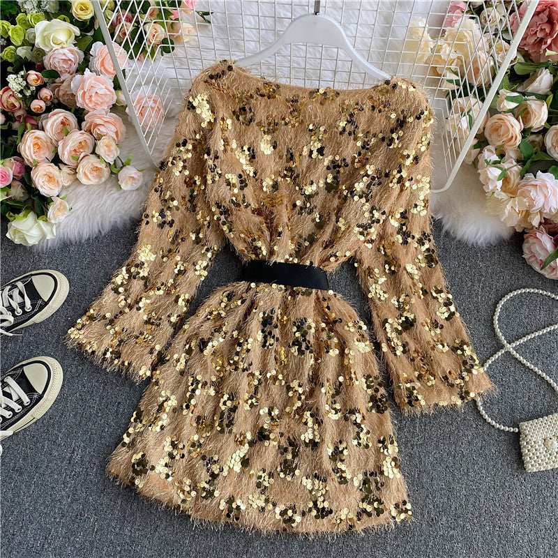 Cute Sequins Short Dress Long Sleeve Fashion Dress RF0120