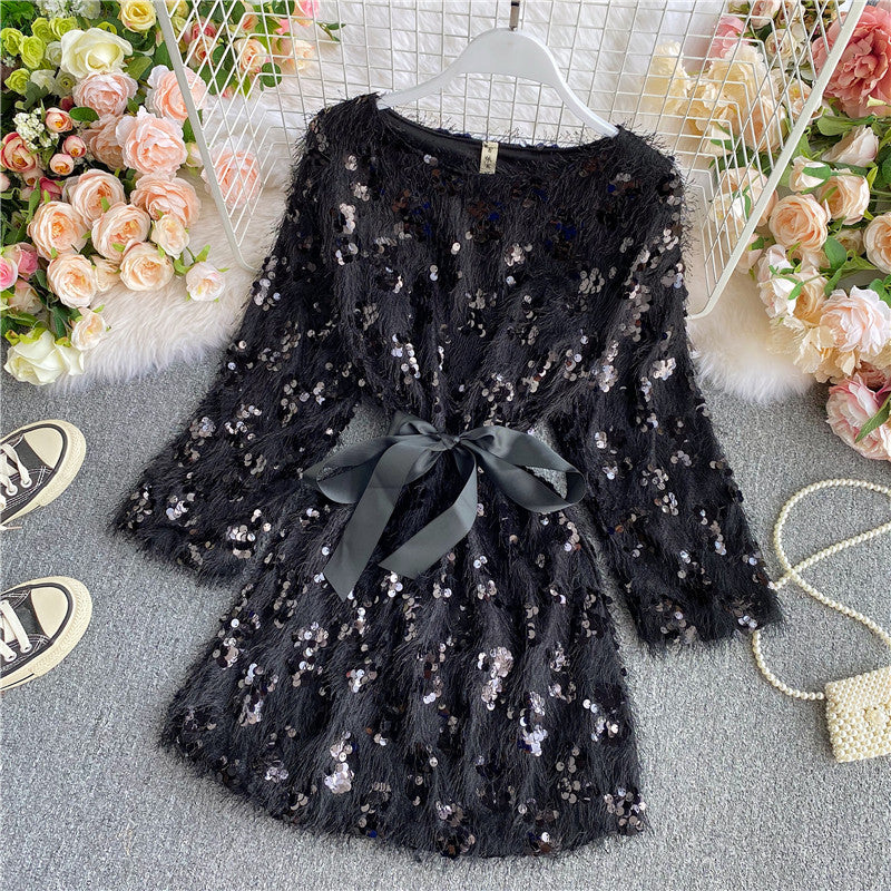 Cute Sequins Short Dress Long Sleeve Fashion Dress RF0120