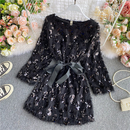 Cute Sequins Short Dress Long Sleeve Fashion Dress RF0120