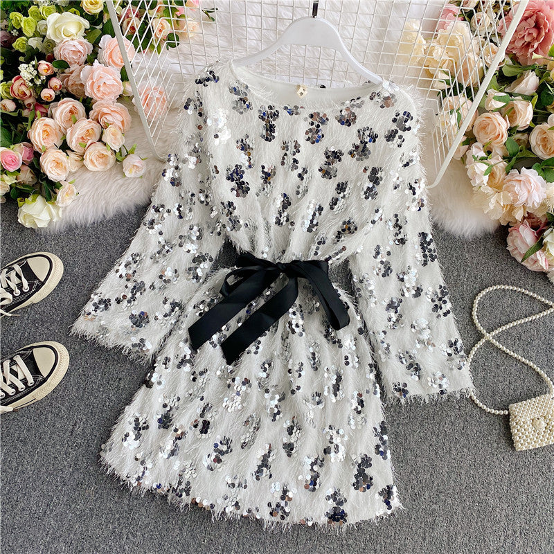 Cute Sequins Short Dress Long Sleeve Fashion Dress RF0120