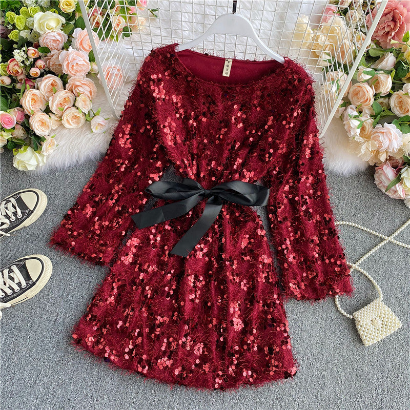 Cute Sequins Short Dress Long Sleeve Fashion Dress RF0120