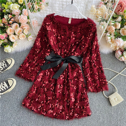 Cute Sequins Short Dress Long Sleeve Fashion Dress RF0120
