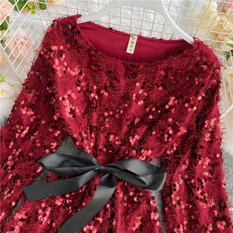 Cute Sequins Short Dress Long Sleeve Fashion Dress RF0120