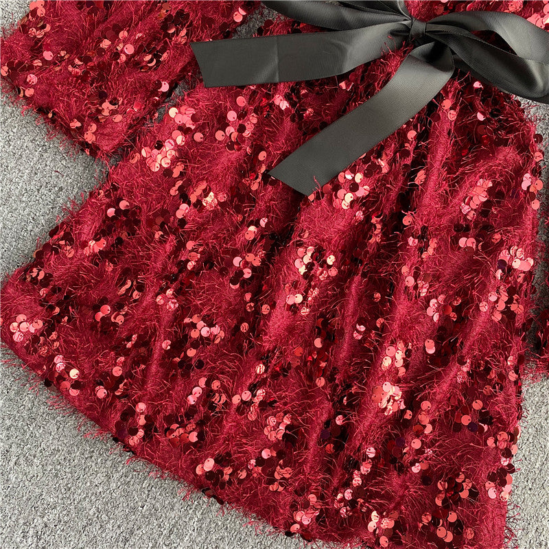 Cute Sequins Short Dress Long Sleeve Fashion Dress RF0120
