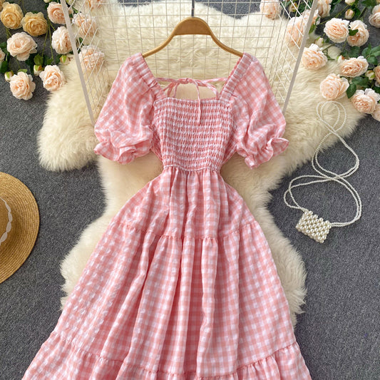 Sweet Plaid Short Sleeve Dress A Line Fashion Dress RF0113