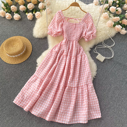 Sweet Plaid Short Sleeve Dress A Line Fashion Dress RF0113