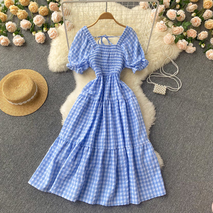 Sweet Plaid Short Sleeve Dress A Line Fashion Dress RF0113