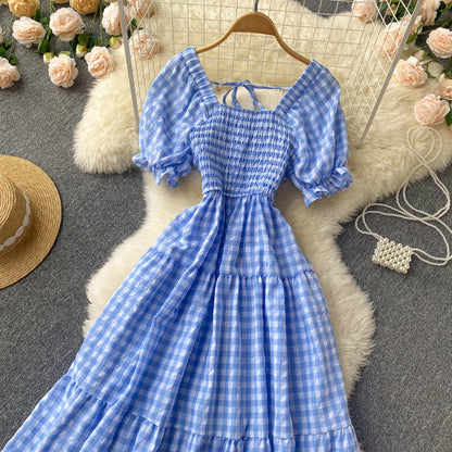 Sweet Plaid Short Sleeve Dress A Line Fashion Dress RF0113