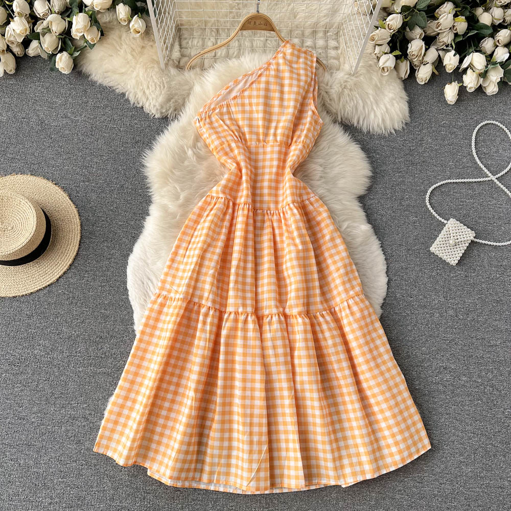 Sweet Plaid One-shoulder Dress A Line Fashion Dresses RF0111