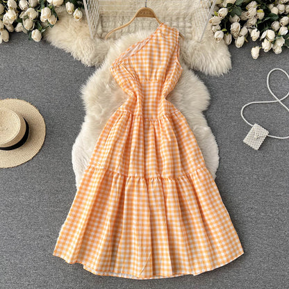 Sweet Plaid One-shoulder Dress A Line Fashion Dresses RF0111