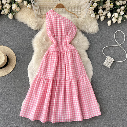 Sweet Plaid One-shoulder Dress A Line Fashion Dresses RF0111