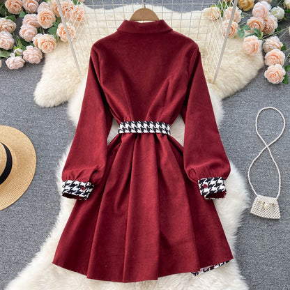 Stylish Houndstooth Contrast Long Sleeve Dress RF0107