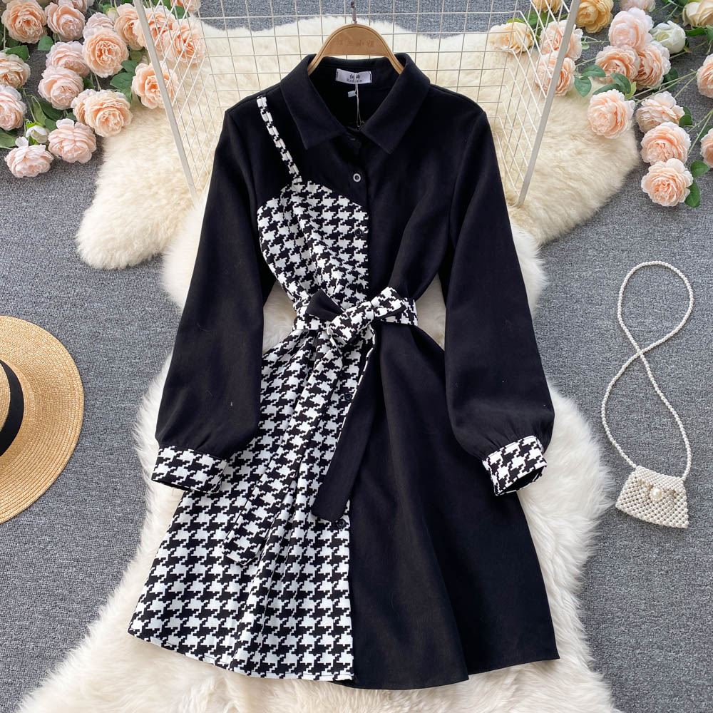 Stylish Houndstooth Contrast Long Sleeve Dress RF0107