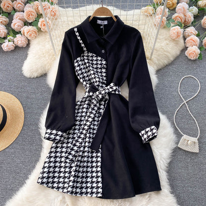 Stylish Houndstooth Contrast Long Sleeve Dress RF0107
