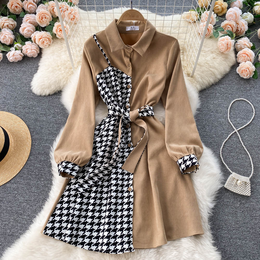 Stylish Houndstooth Contrast Long Sleeve Dress RF0107