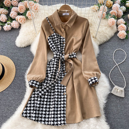 Stylish Houndstooth Contrast Long Sleeve Dress RF0107
