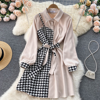 Stylish Houndstooth Contrast Long Sleeve Dress RF0107