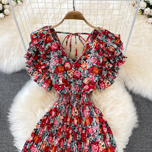 Cute V Neck Floral Dress A Line Short Dress RF0105