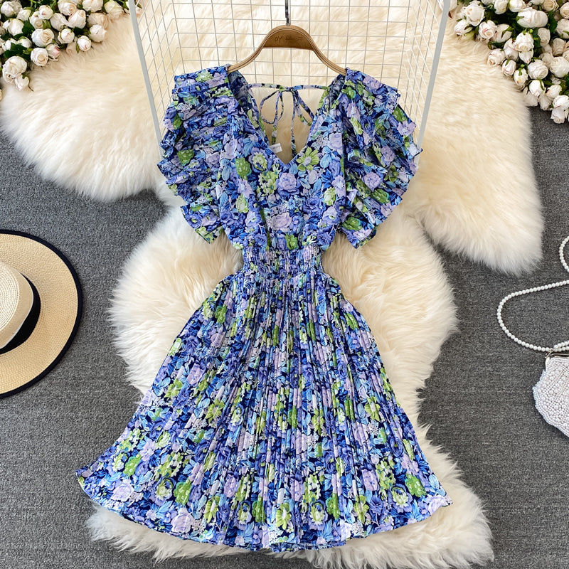 Cute V Neck Floral Dress A Line Short Dress RF0105