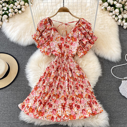 Cute V Neck Floral Dress A Line Short Dress RF0105
