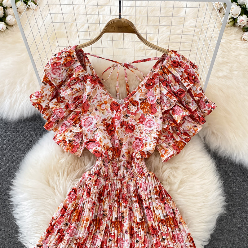 Cute V Neck Floral Dress A Line Short Dress RF0105