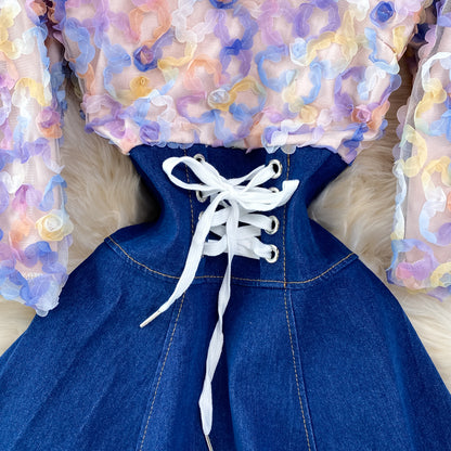 Cute Denim Chiffon Panel Dress RF0099