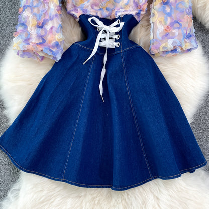 Cute Denim Chiffon Panel Dress RF0099